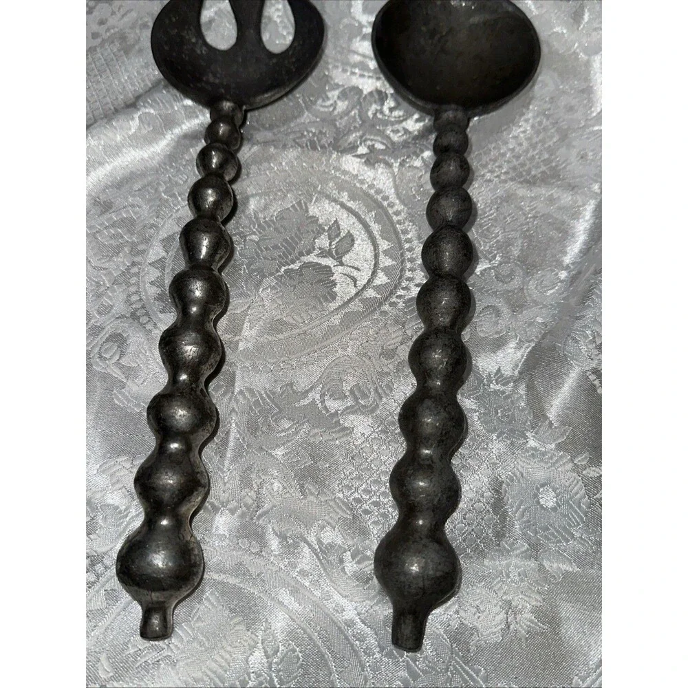 Pewter Metal Silver Tone Salad Servers Silverware Bubble Bead Curved Handles